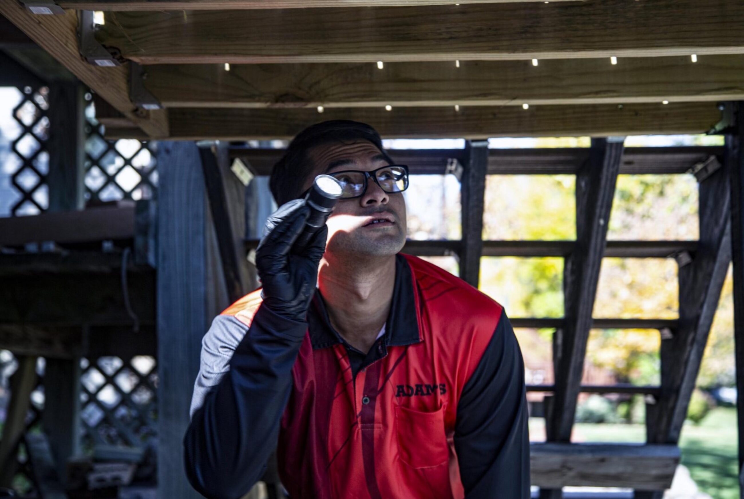 Technician Inspecting Exterior for Pest Entry Pest control technician inspecting home foundation for pest entry points