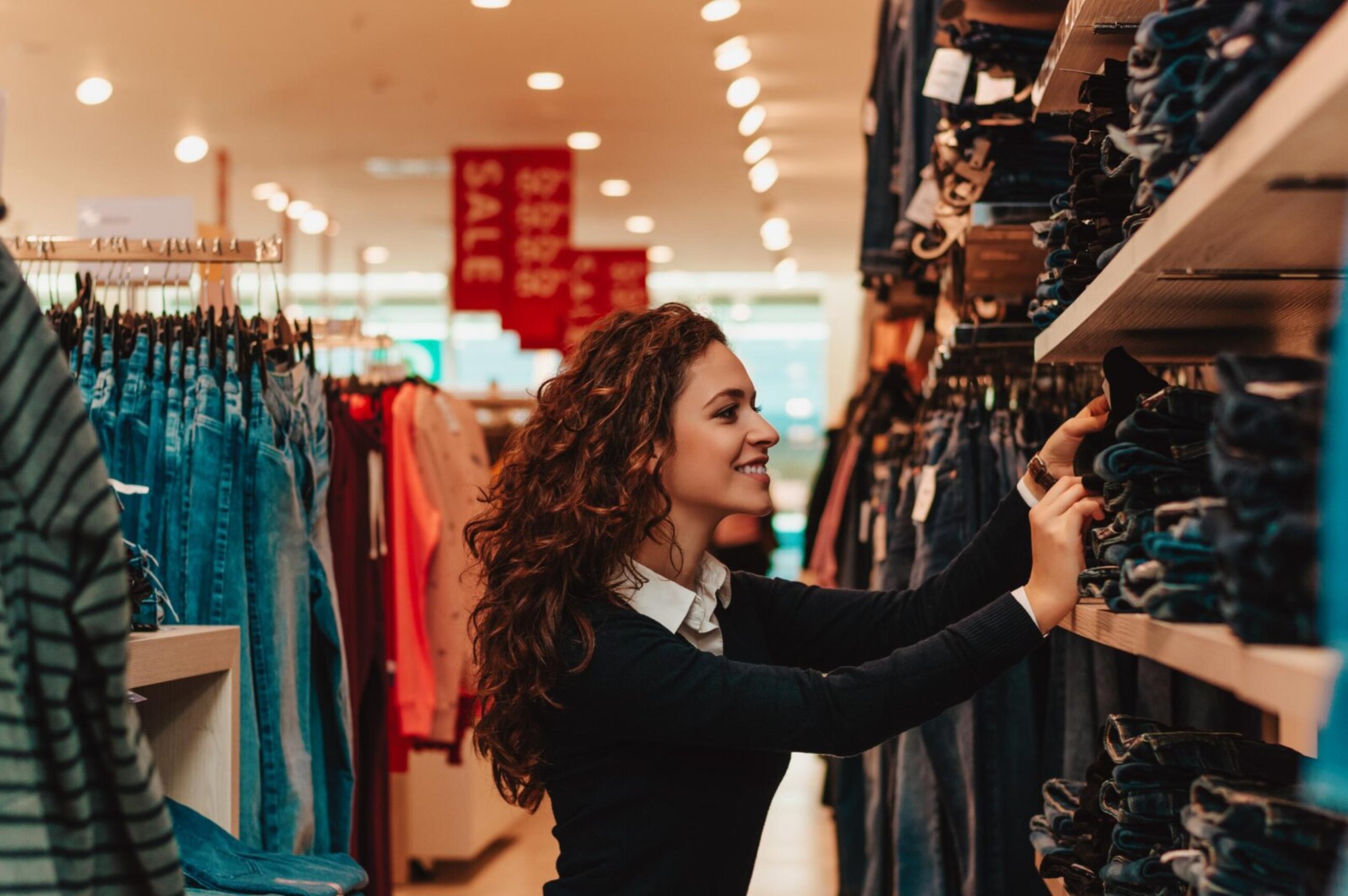 Happy Shopper Browsing Denim Collection in a Clothing Store young woman shopping