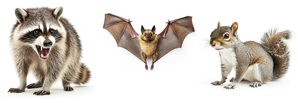 Photo-realistic image of a racoon, brown bat, and common squirrel