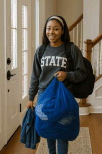 College student comes home with laundry bag