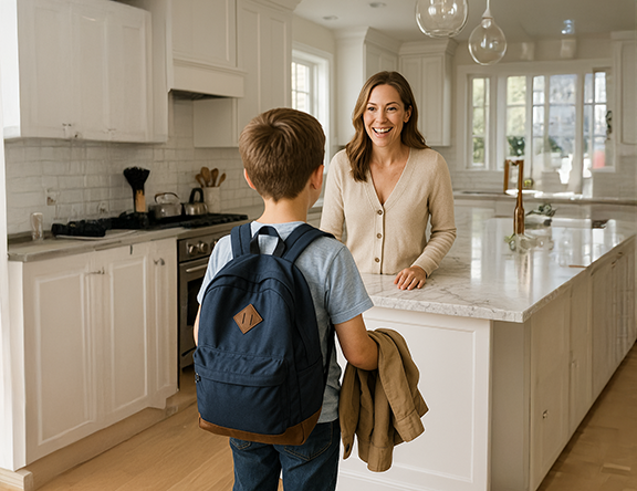 Mother greets student coming home after school. Student has a backpack.