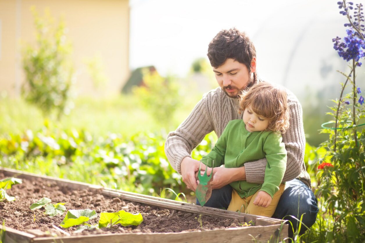 man and child gardening